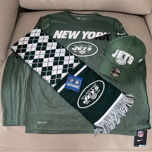 New 3pc NFL NEW YORK JETS Green Nike Shirt MenS,CapS-M,Pepsi/Lenny Kravitz Scarf